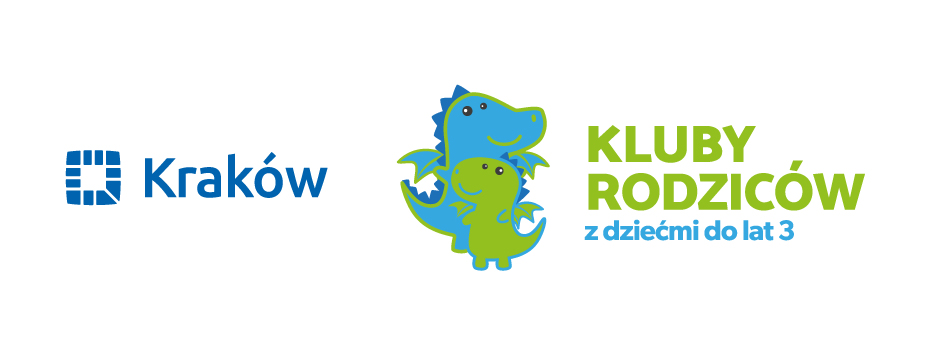 Logo Krakowskiego klubu rodziców z dziećmi do lat 3 mały zielony smok przytula się do dużego niebieskiego smoka